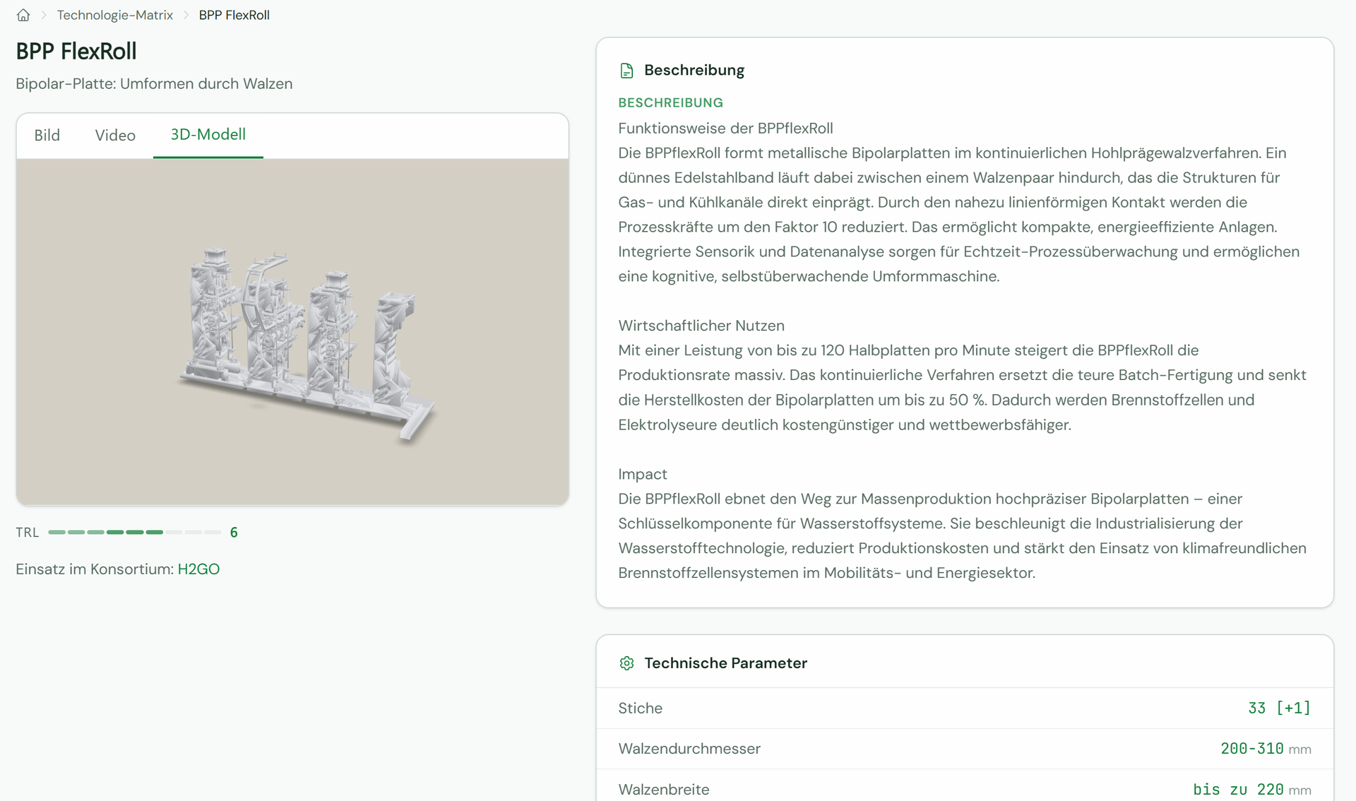 Detail view of a production module in the Technology Mall with 3D model, description and technical parameters